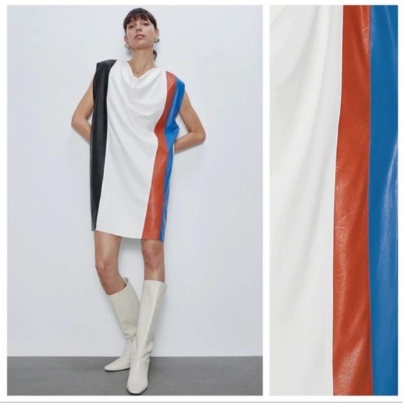 ZARA Color Block Knee-length Cowl Neck Dress White Ecru Black Blue Sleev… - Picture 4 of 16